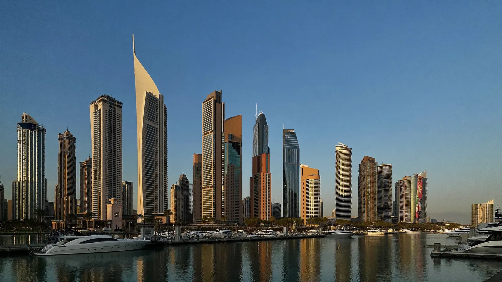 Dubai Marina towers along the marina canal with yachts in the water