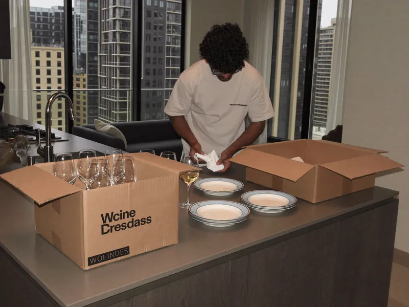 Packer wrapping glasses and plates in paper on a kitchen island in a high-rise apartment