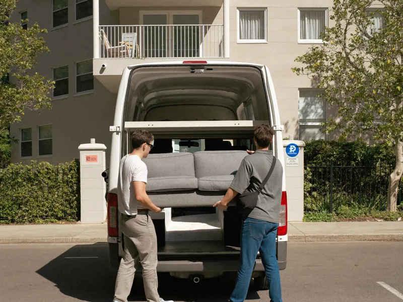 Two movers carrying a wrapped sofa from a small van to a residential tower entrance